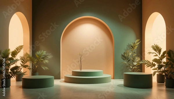 Fototapeta Modern minimalistic podium with glowing circular backlight resembling sunset, lush green palm leaves in soft shadows