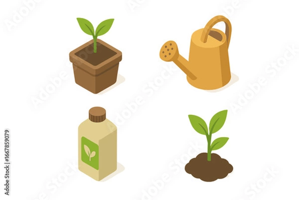 Fototapeta Isometric plant growth icon set. Vector illustration of seedling, sprout in pot and ground, watering can, and fertilizer. Concepts of gardening, agriculture, ecology, and growth.