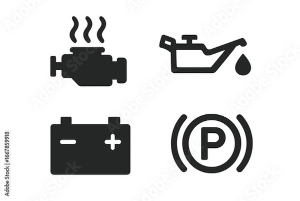 Fototapeta Car dashboard warning lights vector icon set. Engine overheat, low oil pressure, battery charge, and parking brake alert symbols. Solid filled icons for auto service maintenance.