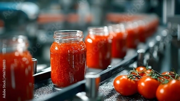 Fototapeta Glass jars filled with fresh red tomato sauce move along a conveyor belt in a food processing factory line.