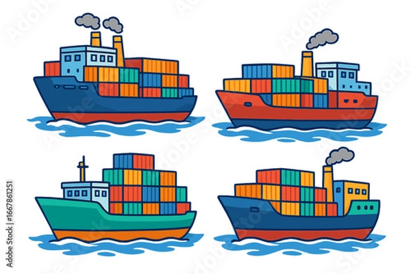 Fototapeta Set of colorful cargo ships with containers. Vector cartoon illustration for maritime transport, logistics, and global trade. Freight vessel collection for import and export.