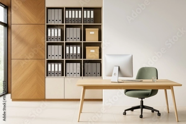 Fototapeta Minimalist modern office room with wooden shelves, light walls, and organized workspace featuring computer and green chair on tiled floor.