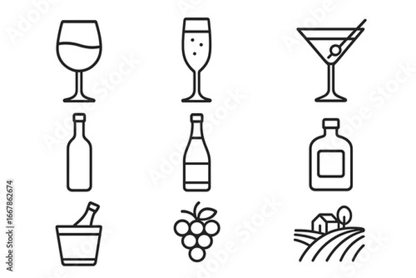 Fototapeta Wine and Spirits Line Icon Set with Glasses, Bottles, Vineyard Symbols, Champagne, Martini, and Winery Elements - Vector Cartoon Illustration Collection with Transparent Background