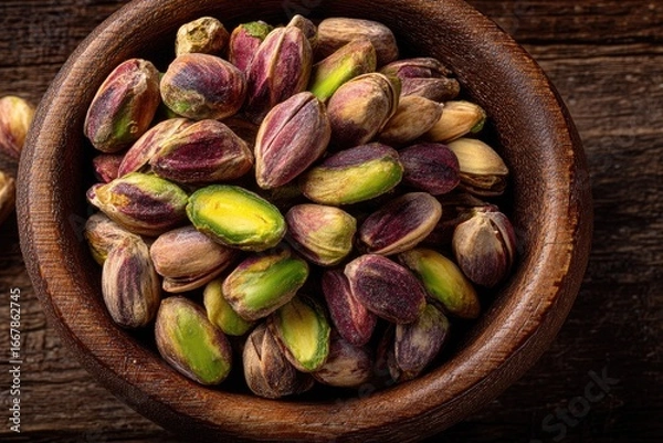 Fototapeta Pistachios in wooden bowl on rustic table