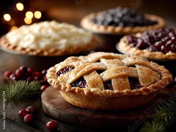 Fototapeta Assorted festive pies with lattice crusts on wooden boards are beautifully arranged for holiday celebration.