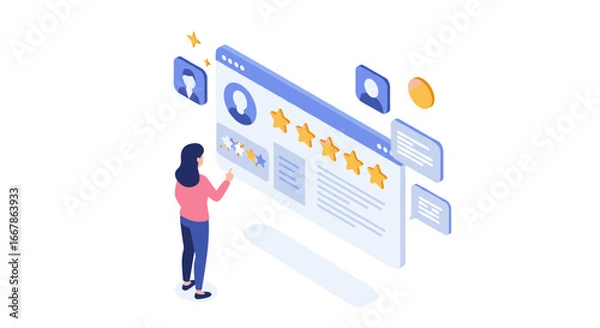 Fototapeta Interactive customer feedback with isometric review system and user interface