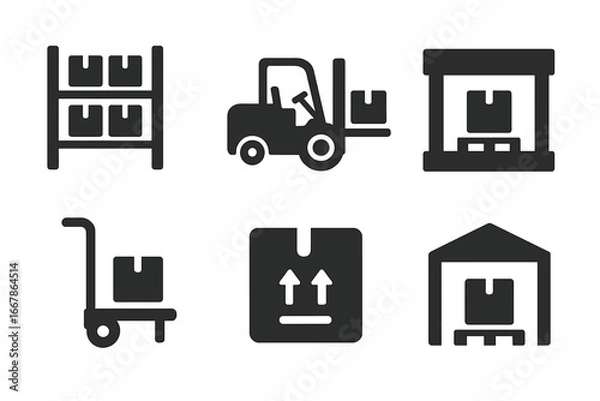 Fototapeta Warehouse logistics solid icon set. Storage, shipping, and distribution symbols. Forklift, pallet jack, loading dock, and delivery package vector glyph collection.