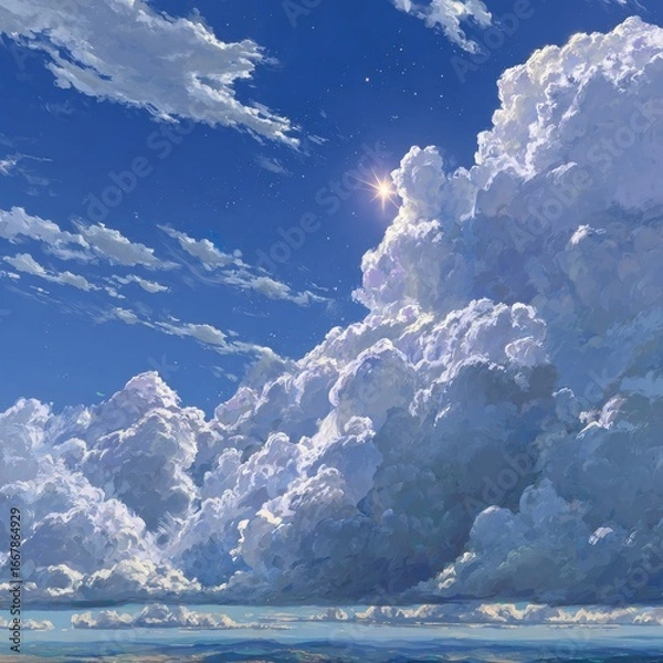 Obraz Vast, cumulus clouds fill a vibrant blue sky, sun shining brightly