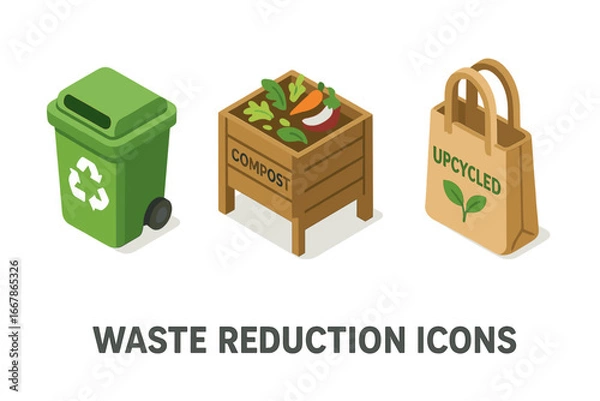 Fototapeta Waste reduction icons. Isometric flat icon set. Recycling bin, compost, upcycled tote bag. Eco-friendly strategies. Sustainable lifestyle. Zero waste concept. Vector illustration.