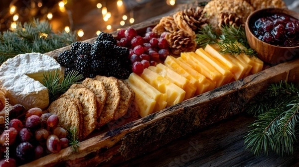 Fototapeta A rustic wooden charcuterie board displays cheese, berries, crackers, and festive decorations for a holiday event.