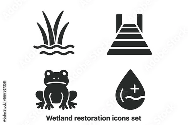 Fototapeta Wetland restoration solid glyph icon set. Ecology, conservation, environment symbols. Marsh grass, boardwalk, frog wildlife, water quality vector. Nature swamp ecosystem signs.