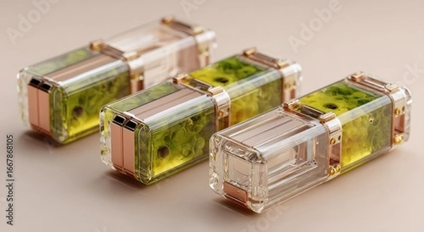 Fototapeta Three futuristic, rectangular perfume bottles, translucent, with gold accents and internal floral designs, sit on a light beige surface