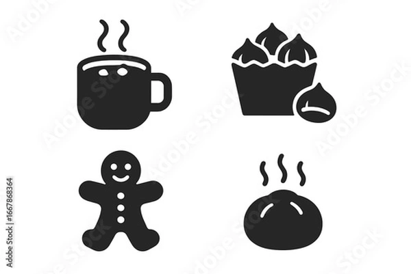 Fototapeta Winter food solid icon set. Glyph symbols of seasonal food and drinks. Hot chocolate, roasted chestnuts, gingerbread man cookie, steaming bun. Cozy Christmas holiday vector elements.