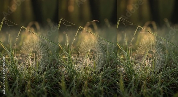 Fototapeta Spiderweb dew in green grass morning nature scene