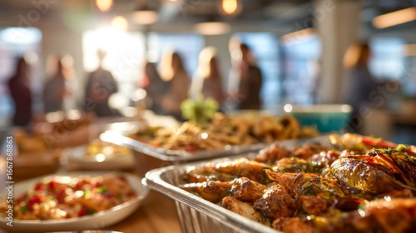 Fototapeta Buffet spread with variety of food, ready for an event or a corporate gathering, illuminated by sunlight.