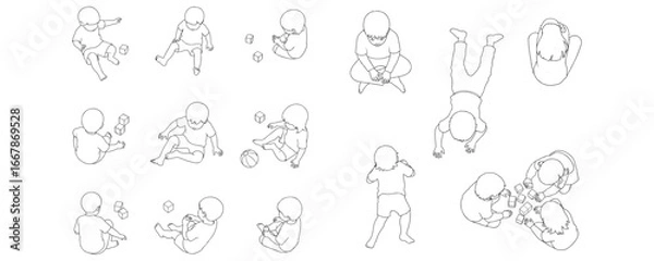 Fototapeta CAD-style minimal line drawings of children playing and sitting on the floor, shown from above in top perspective view, vector illustration for architectural layouts and educational design projects