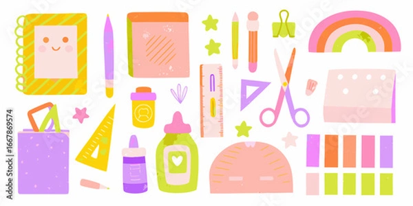 Fototapeta Cute and colorful stationery set with notebook pen scissors and rainbow