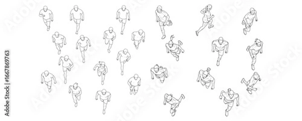 Fototapeta Minimal CAD-style top view drawings of multiple people running and jogging in various poses, outline vector illustration for architectural plans and design projects
