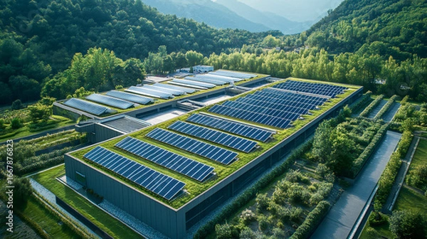 Obraz Aerial view of a large-scale data center powered by sustainable energy with solar panels on the roof, surrounded by greenery