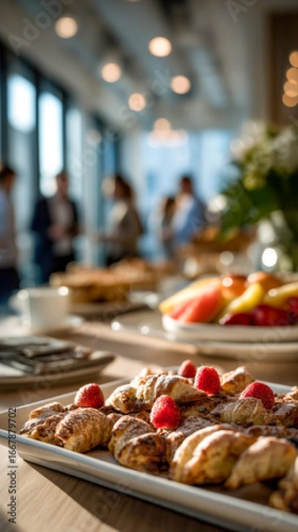 Fototapeta A spread of pastries and fruits create a breakfast or brunch buffet in a sunlit room full of people, for a corporate or social event.