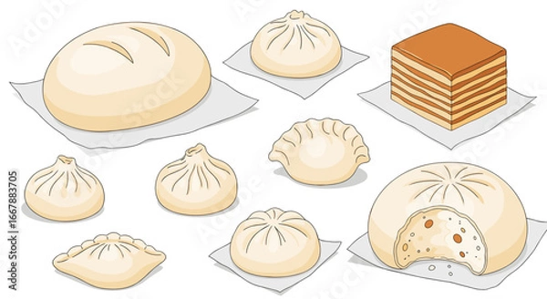 Fototapeta A delicious assortment of steamed buns dumplings and layered cake for a satisfying meal