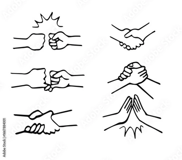 Obraz doodle Friendship and shakehands Icons Set with hand drawn sketch drawing style vector