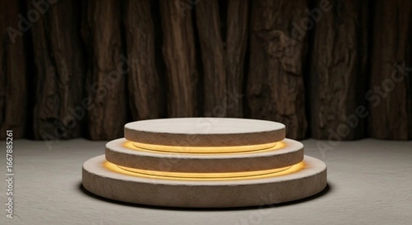Fototapeta Modern illuminated product display platform with wood backdrop, warm glow