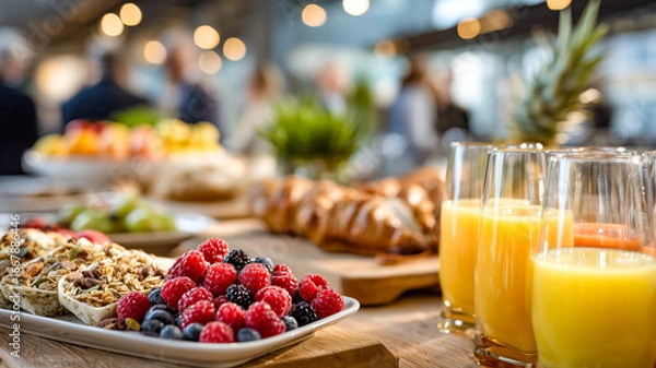 Fototapeta Delicious breakfast buffet with croissants, fruit, granola and juice. Perfect way to start the day with healthy and tasty options.