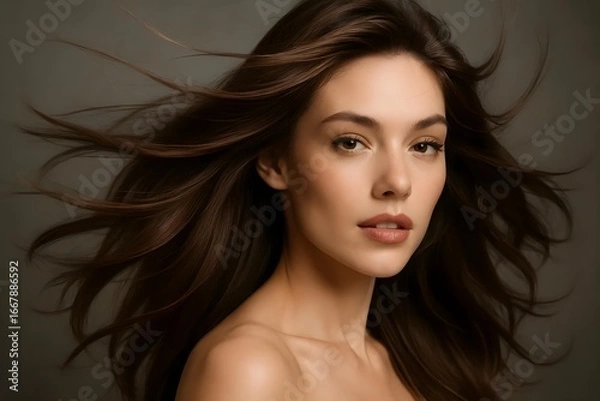 Obraz A woman with long hair flowing in the air, capturing an elegant and striking portrait with a soft background. Concept Elegant Portrait, Flowing Hair, Soft Background, Striking Composition