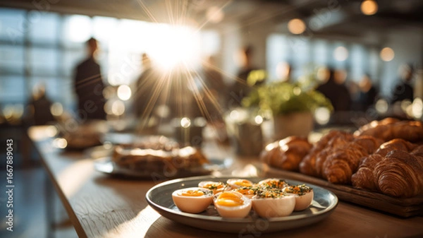 Obraz Bright breakfast spread: Deviled eggs, croissants, and cake offer a delicious start to the day in a sunlit room.