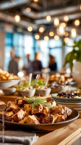 Fototapeta A buffet setting showcasing cubed bread on a platter with other side dishes and guests in the background. Variety of food.