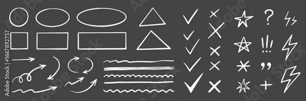 Fototapeta Line mark icon pack. Pencil crayon arrows, cross sign, text quote frames, stars and check emphasis elements for infographic text design. Hand drawn line check mark elements. Vector illustration