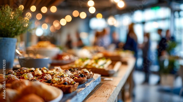 Fototapeta Buffet table laden with snacks and appetizers at an event, creating a vibrant and appealing food display. Focus on food.