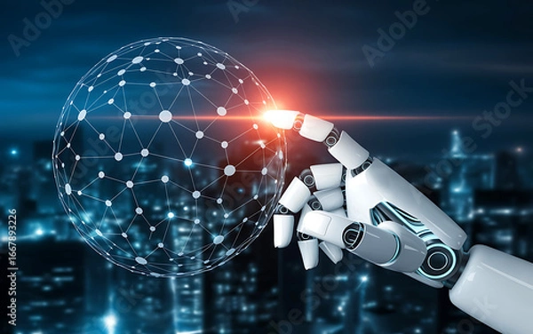 Fototapeta Artificial intelligence robot hand touching global network tech