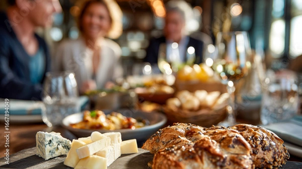 Fototapeta Gourmet Dining Experience: Friends sharing a delicious meal together with an assortment of cheese, bread and other side dishes.