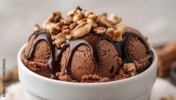 Obraz A Bowl of Scooped Frozen Dessert with Chocolate Sauce and Nut Pieces, Closeup Shot.