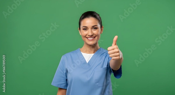 Obraz Smiling nurse in blue scrubs giving a thumbs up with a green background