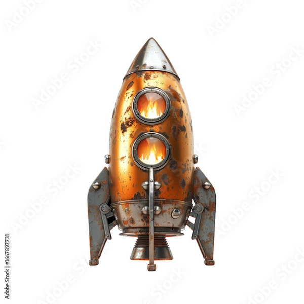 Fototapeta 3D rocket icon with chrome body, startup innovation theme, white background