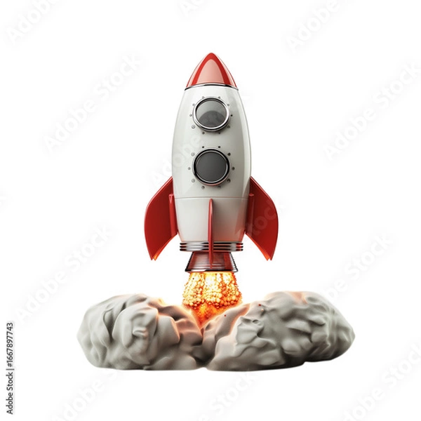 Fototapeta 3D rocket icon with chrome body, startup innovation theme, white background