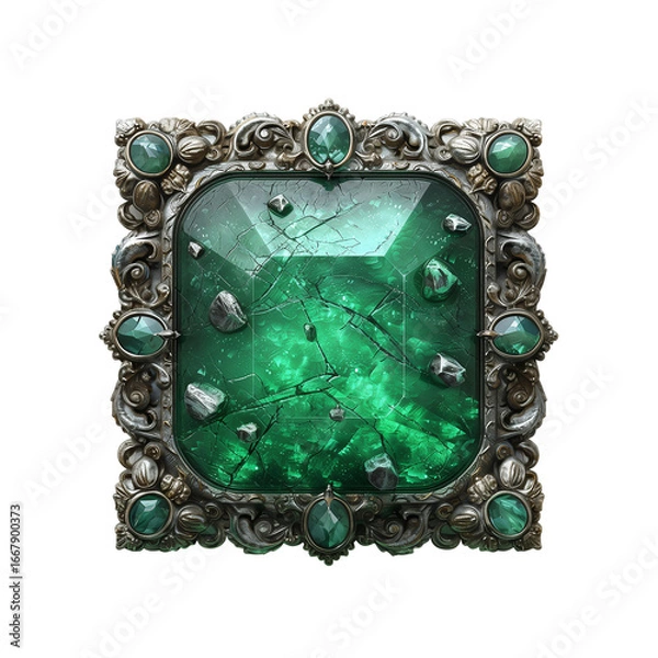 Fototapeta Crystal-embedded fantasy game button, emerald green center with carved silver border, rectangular shape, magical UI icon, high-resolution and intricate details