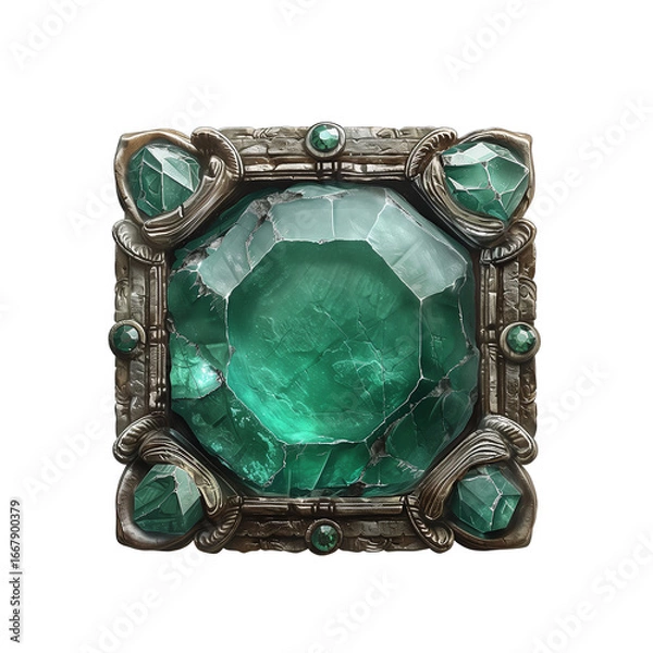 Fototapeta Crystal-embedded fantasy game button, emerald green center with carved silver border, rectangular shape, magical UI icon, high-resolution and intricate details