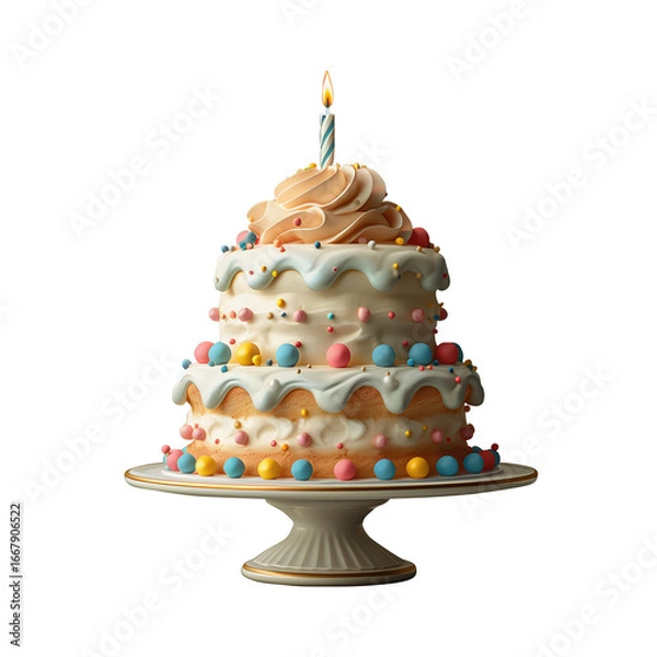 Fototapeta Birthday cake with candle icon, stylized matte plastic in soft pastel, floating white