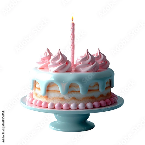 Fototapeta Birthday cake with candle icon, stylized matte plastic in soft pastel, floating white