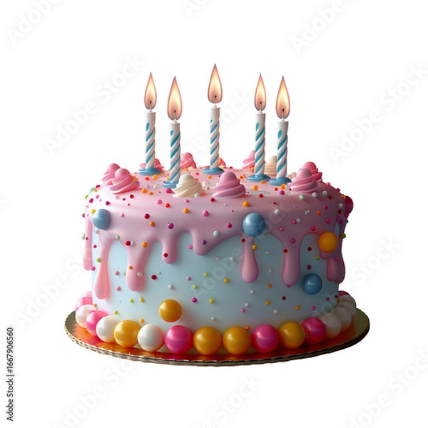 Fototapeta Birthday cake with candle icon, stylized matte plastic in soft pastel, floating white