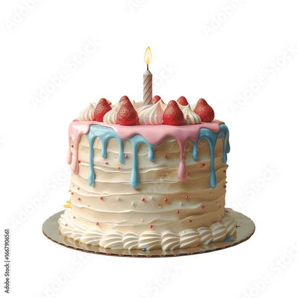 Fototapeta Birthday cake with candle icon, stylized matte plastic in soft pastel, floating white