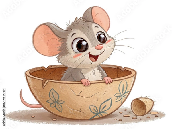 Fototapeta Cute cartoon mouse peeking out of a broken pot, playful expression, isolated on transparent background.