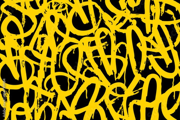 Fototapeta Abstract yellow graffiti tag pattern on black background with bold urban street art style vector texture for modern design and wallpaper.
