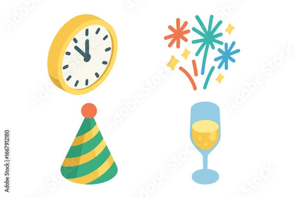 Fototapeta New Year's Eve isometric icon set. Holiday celebration vector graphics. Midnight countdown clock, fireworks, party hat, and champagne glass for winter holiday event design.