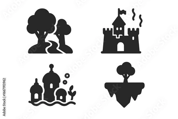 Fototapeta Set of mythical places icons. Fantasy world locations collection. Enchanted forest, haunted castle, underwater city, floating island. Solid glyph symbol for game or web design.