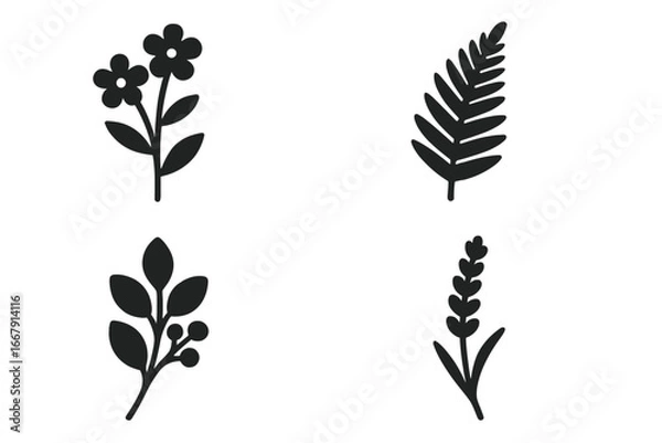 Fototapeta Nature icon set. Botanical vector glyph collection with wildflower, fern leaf, eucalyptus branch, and lavender. Simple flat black plant and flower symbols for design.